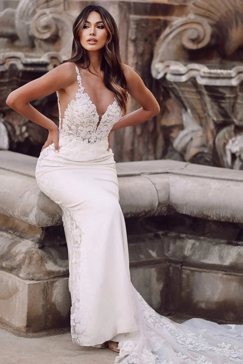 Mermaid V Neck Satin Wedding Dresses with Lace Appliques - KissProm