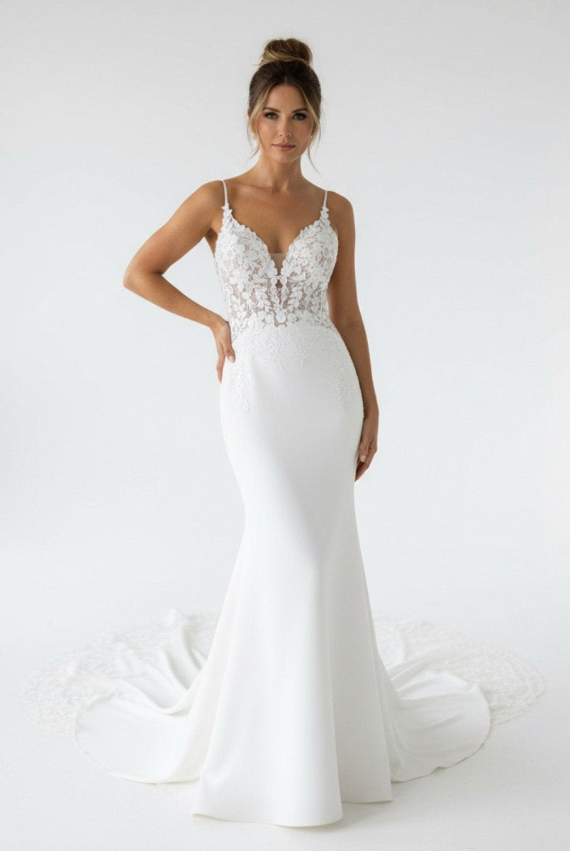 Mermaid V Neck Satin Wedding Dresses with Lace Appliques - KissProm