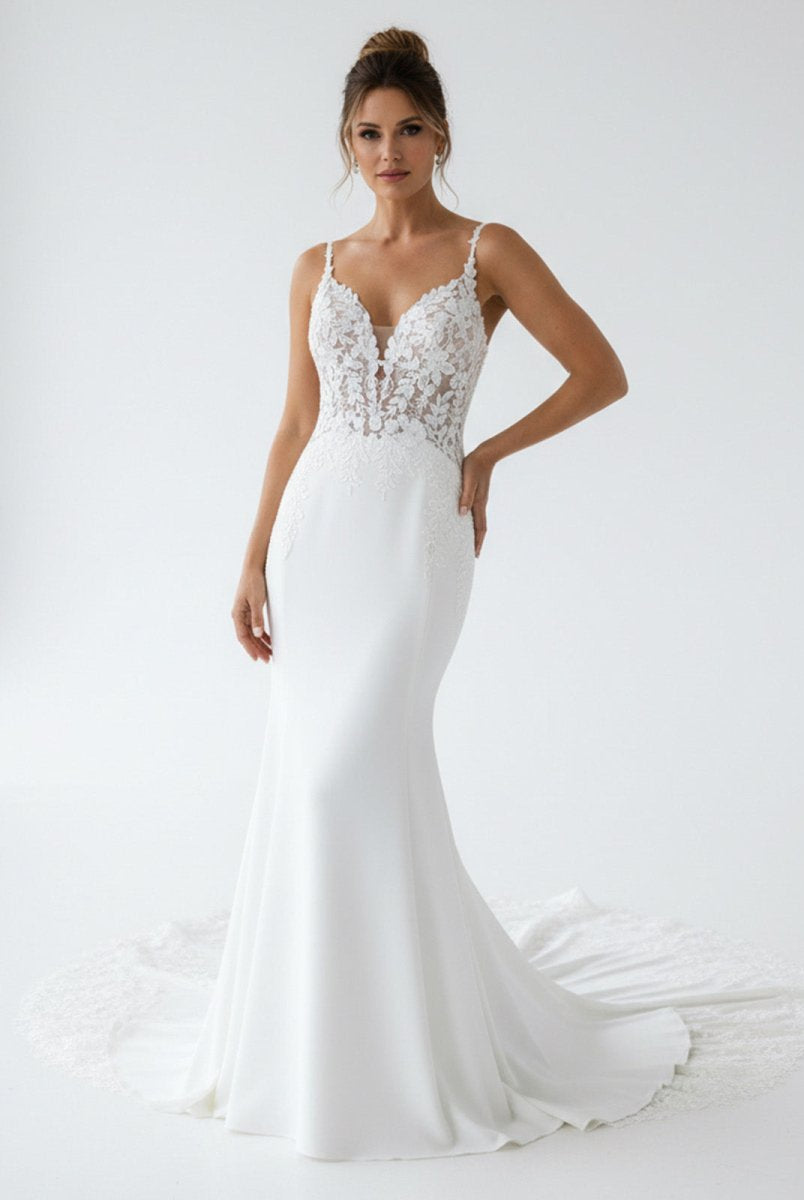 Mermaid V Neck Satin Wedding Dresses with Lace Appliques - KissProm