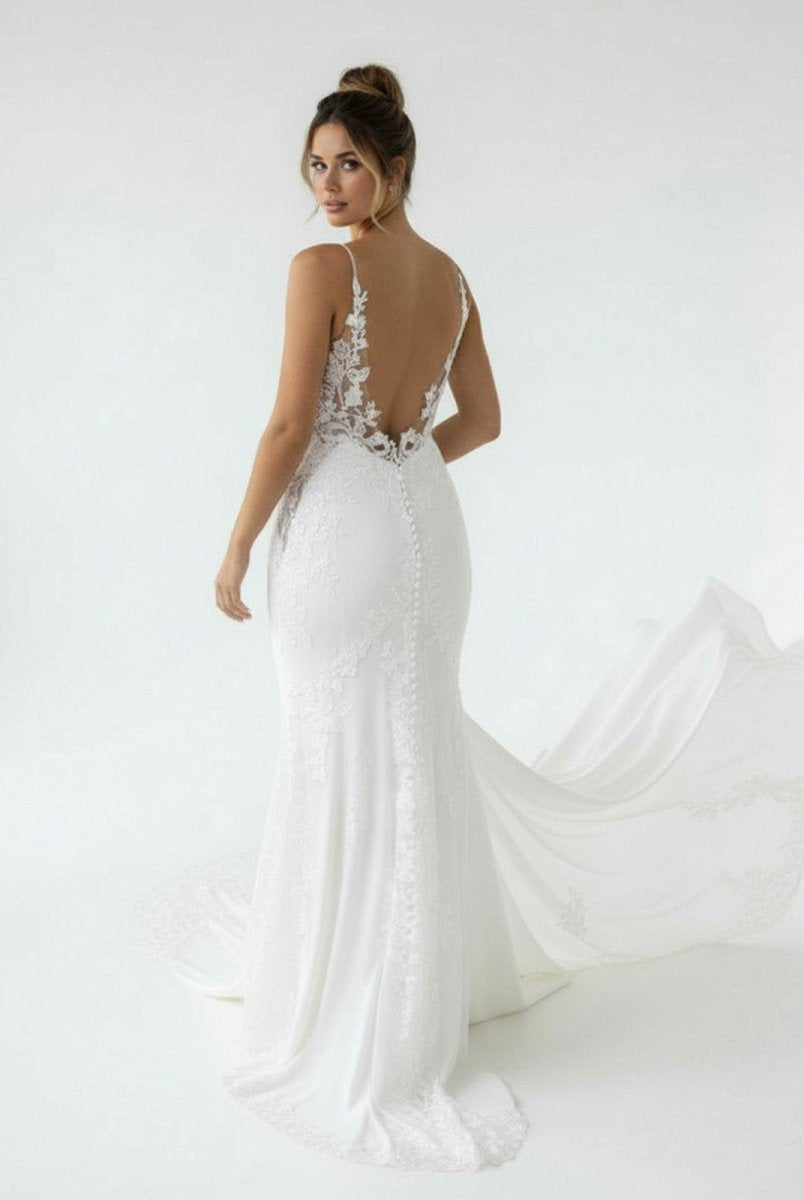 Mermaid V Neck Satin Wedding Dresses with Lace Appliques - KissProm