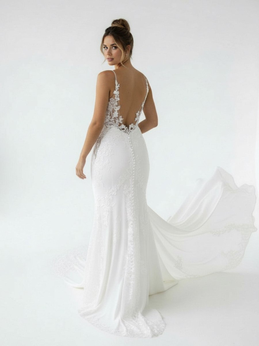 Mermaid V Neck Satin Wedding Dresses with Lace Appliques - KissProm