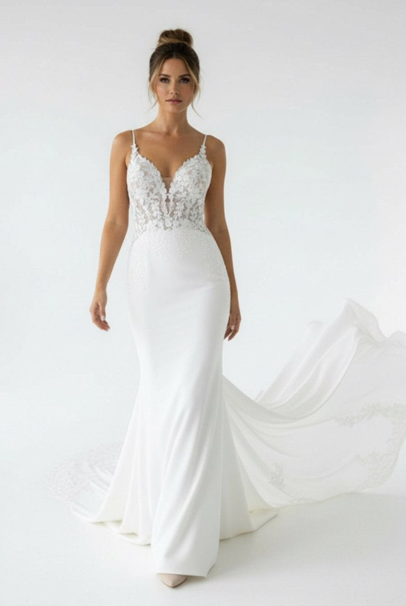 Mermaid V Neck Satin Wedding Dresses with Lace Appliques - KissProm