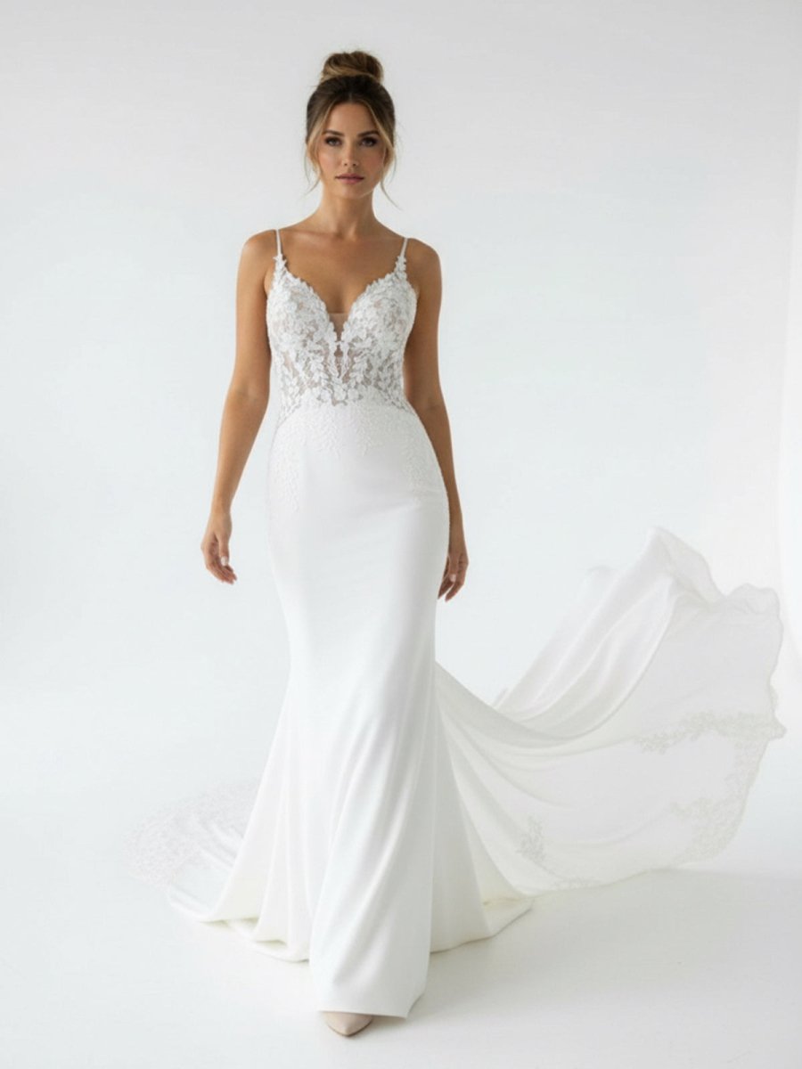 Mermaid V Neck Satin Wedding Dresses with Lace Appliques - KissProm
