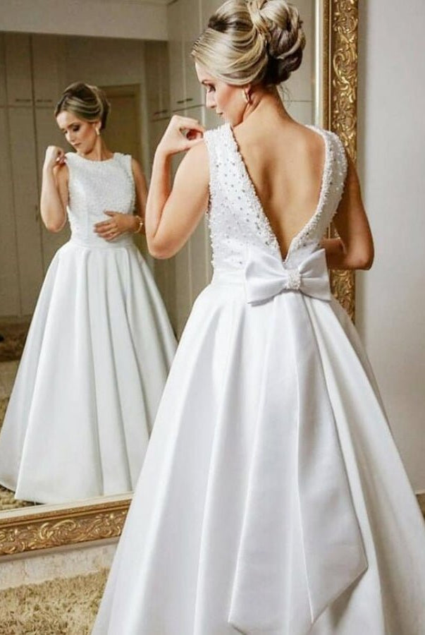 Chic Sleeveless Beaded A - line Satin Backless Bride Dresses Wedding Bow Ribbon Sash - KissProm
