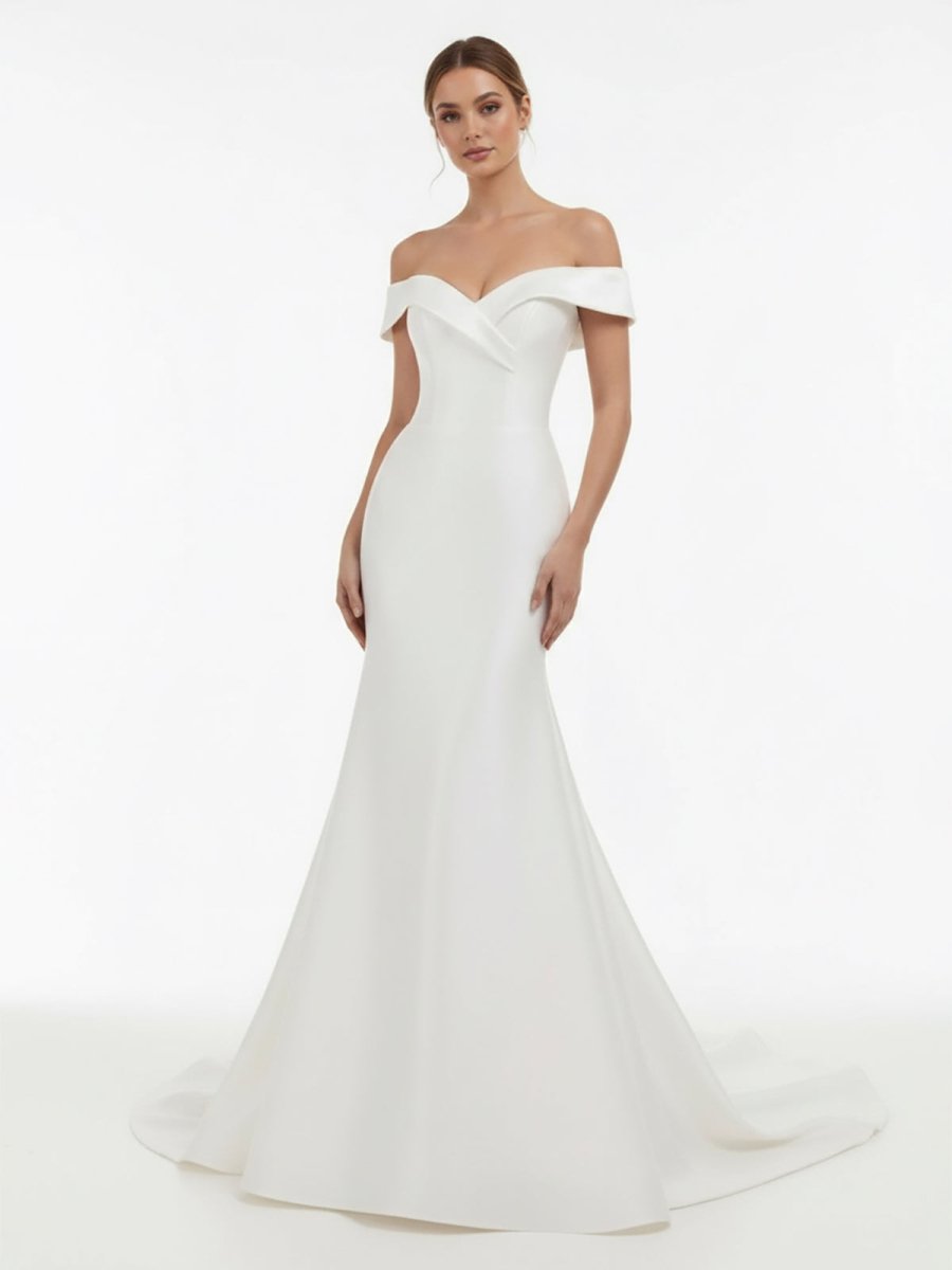 Chic Satin Off the Shoulder Sleeveless Sweep - Train Bridal Dress - KissProm