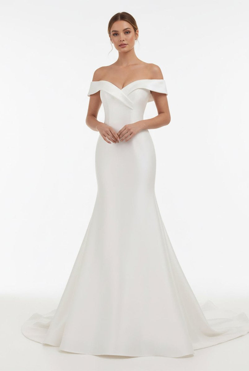 Chic Satin Off the Shoulder Sleeveless Sweep - Train Bridal Dress - KissProm