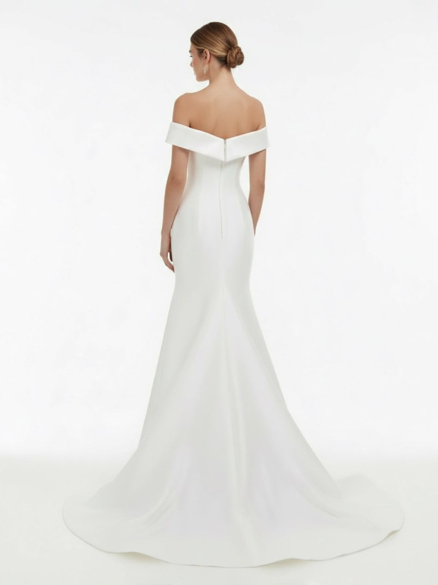 Chic Satin Off the Shoulder Sleeveless Sweep - Train Bridal Dress - KissProm