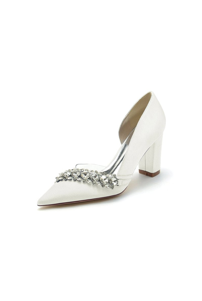 Chic Satin Pointed Toe Slip - on Chunky Heels With Rhinestone - KissProm