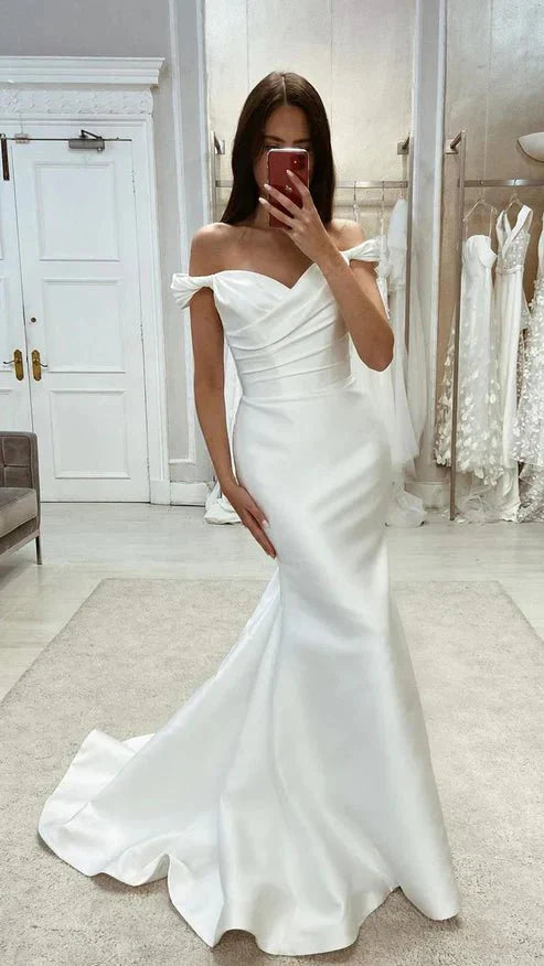 Chic Satin Mermaid Off-Shoulder Ruched with Train Beach Wedding Dress, Diamond White / Custom Size Chic Satin Mermaid Off-Shoulder Ruched with Train Beach Wedding Dress, Diamond White / Custom Size