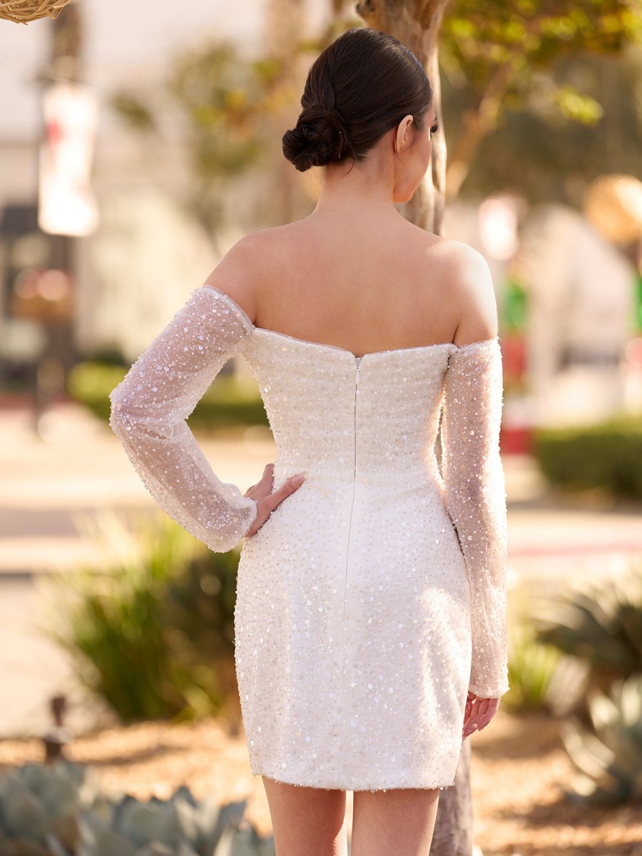 Aelia | Chic Short Sequined Backless Wedding Dress With Long Detachable Sleeves