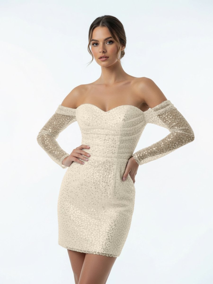 Aelia | Chic Short Sequined Backless Wedding Dress With Long Detachable Sleeves - KissProm