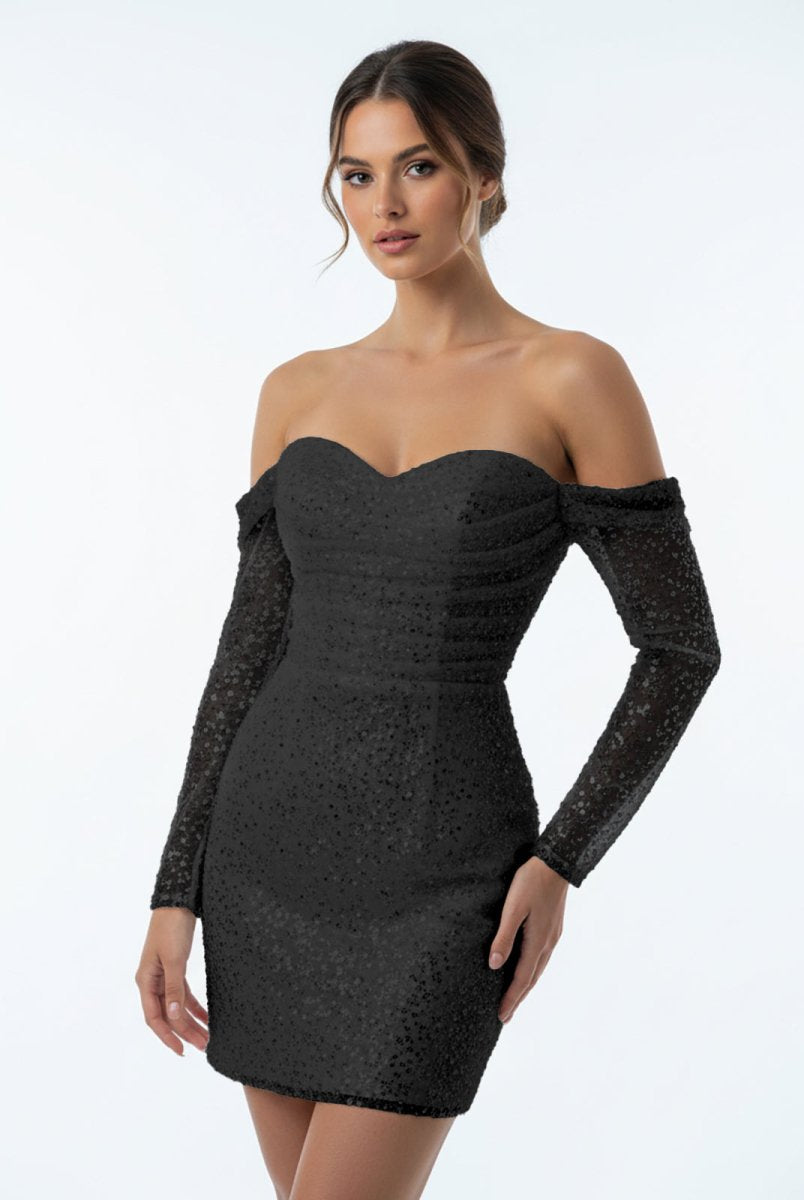 Aelia | Chic Short Sequined Backless Wedding Dress With Long Detachable Sleeves - KissProm