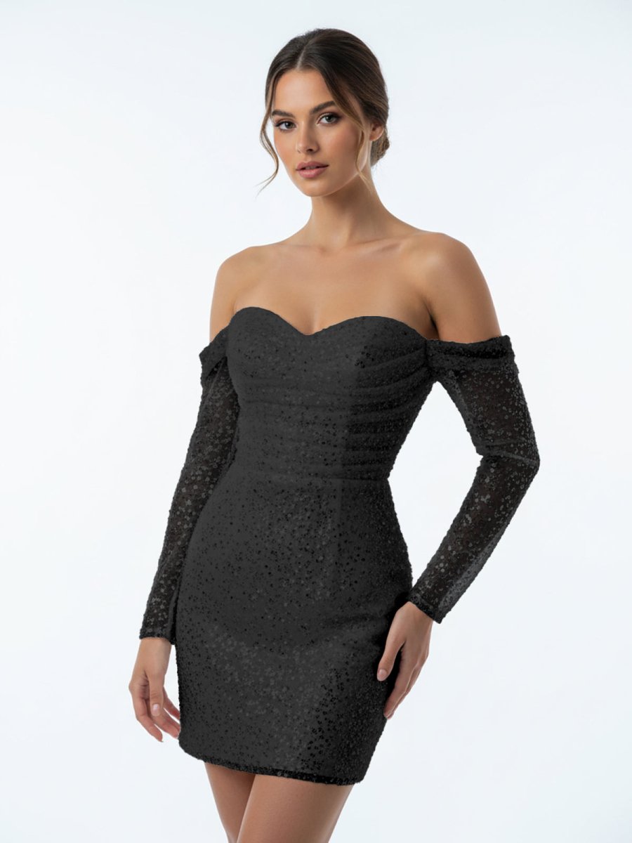 Aelia | Chic Short Sequined Backless Wedding Dress With Long Detachable Sleeves - KissProm