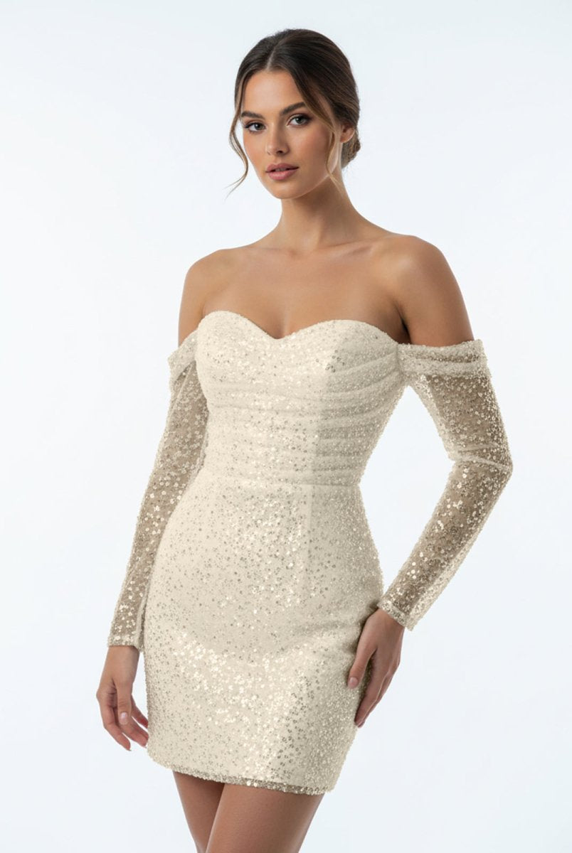 Aelia | Chic Short Sequined Backless Wedding Dress With Long Detachable Sleeves - KissProm