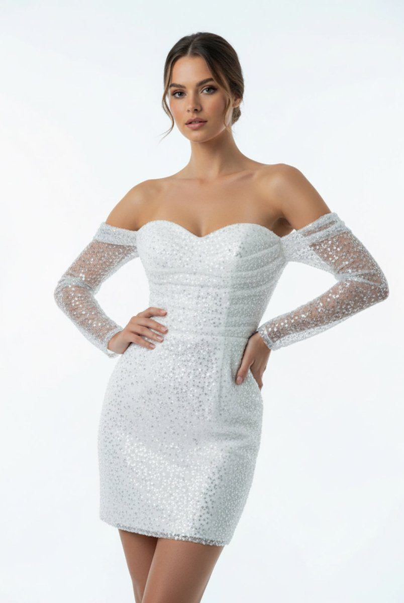 Aelia | Chic Short Sequined Backless Wedding Dress With Long Detachable Sleeves - KissProm