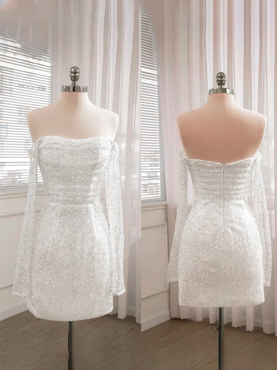 Aelia | Chic Short Sequined Backless Wedding Dress With Long Detachable Sleeves - KissProm