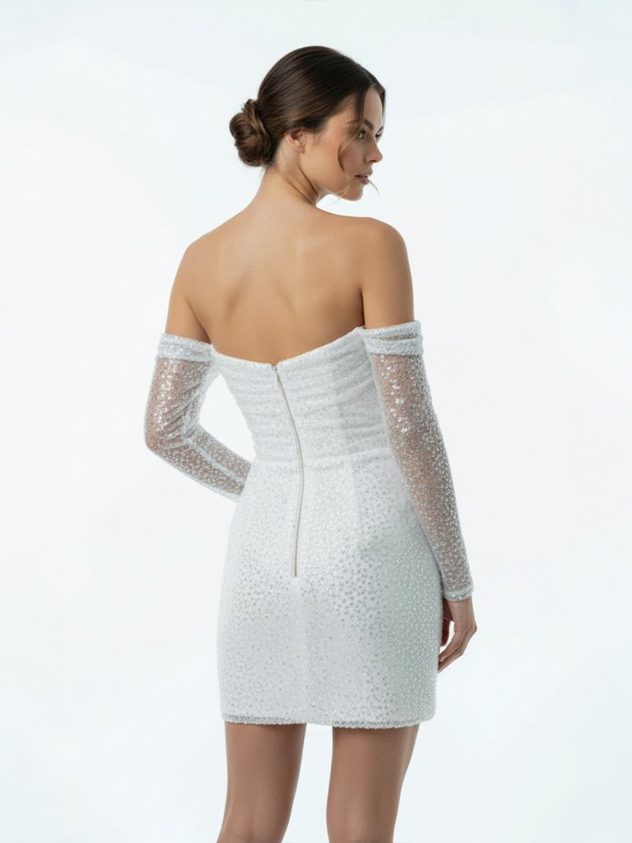 Aelia | Chic Short Sequined Backless Wedding Dress With Long Detachable Sleeves - KissProm