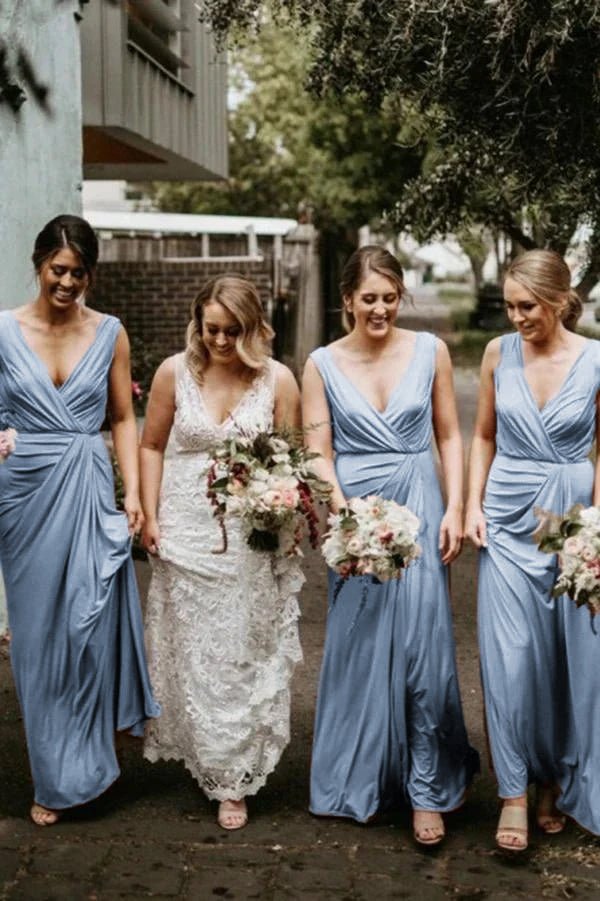 Chic V Neck Sleeveless Long Bridesmaid Dresses Simple Floor Length Bridesmaid Dress - KissProm