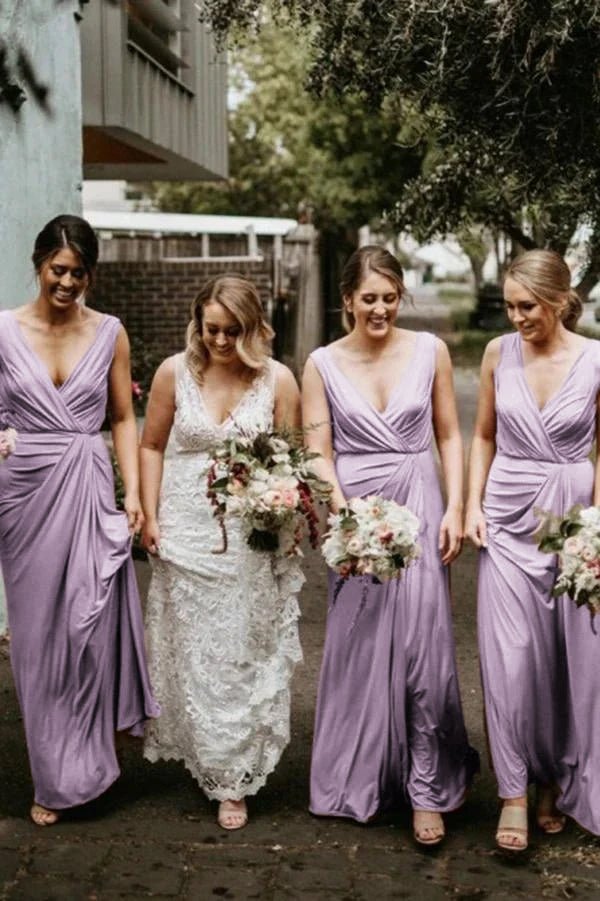 Chic V Neck Sleeveless Long Bridesmaid Dresses Simple Floor Length Bridesmaid Dress - KissProm