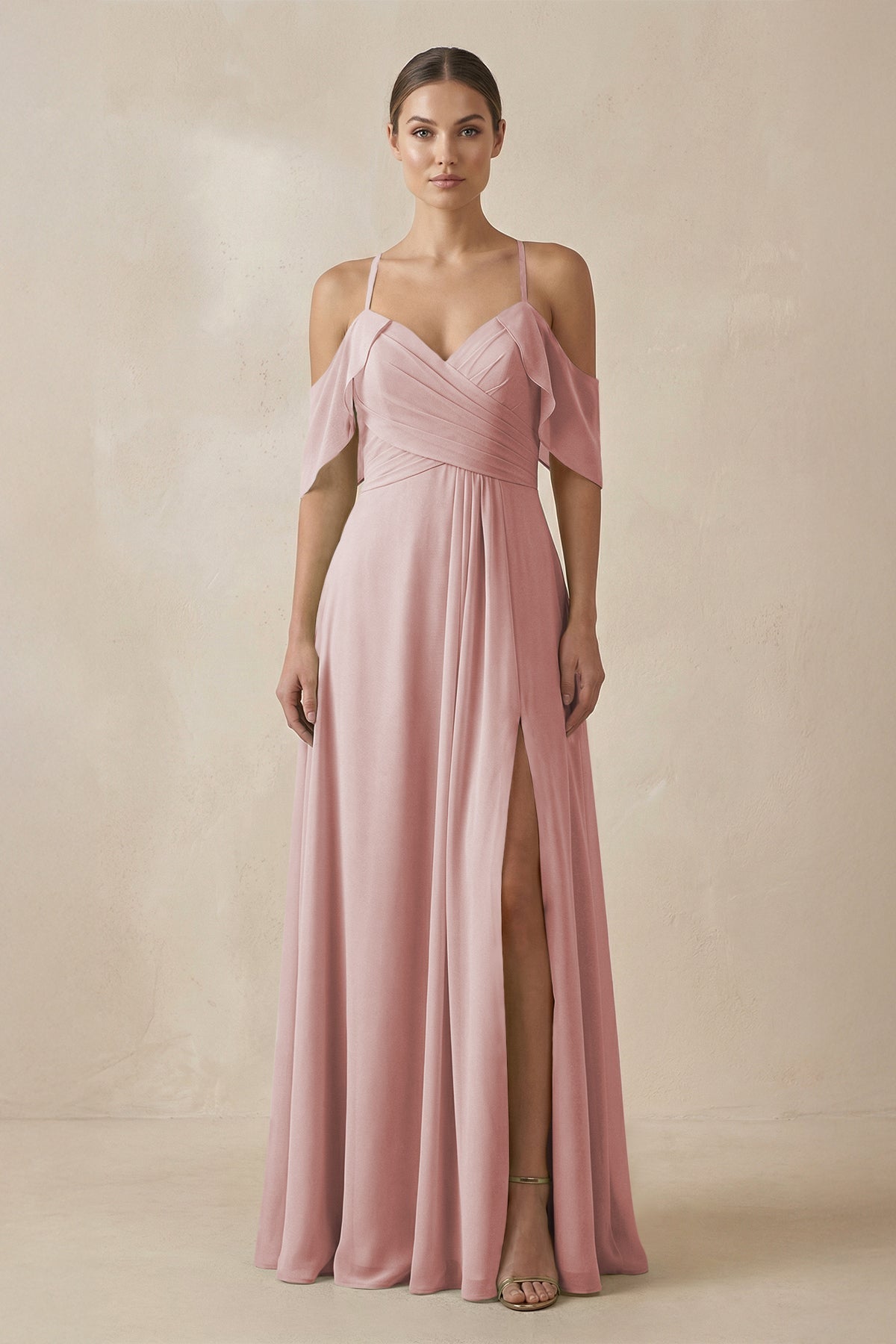 KissProm Chiffon A-Line Long Bridesmaid Dress in Dusty Rose, Dusty Rose / 28