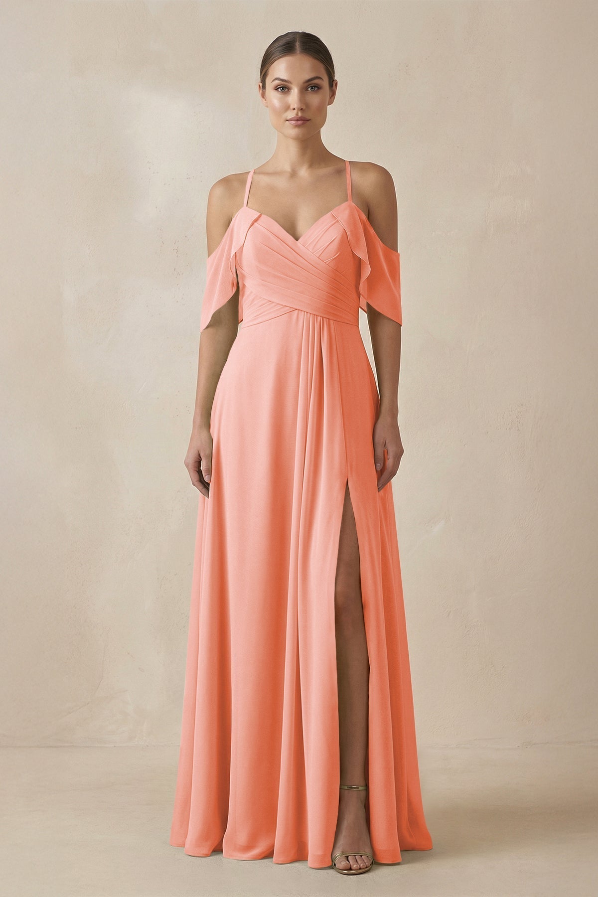 bridesmaid dresses orange and pink Chiffon A-Line Long Bridesmaid Dress in Rosette, Rosette / 22