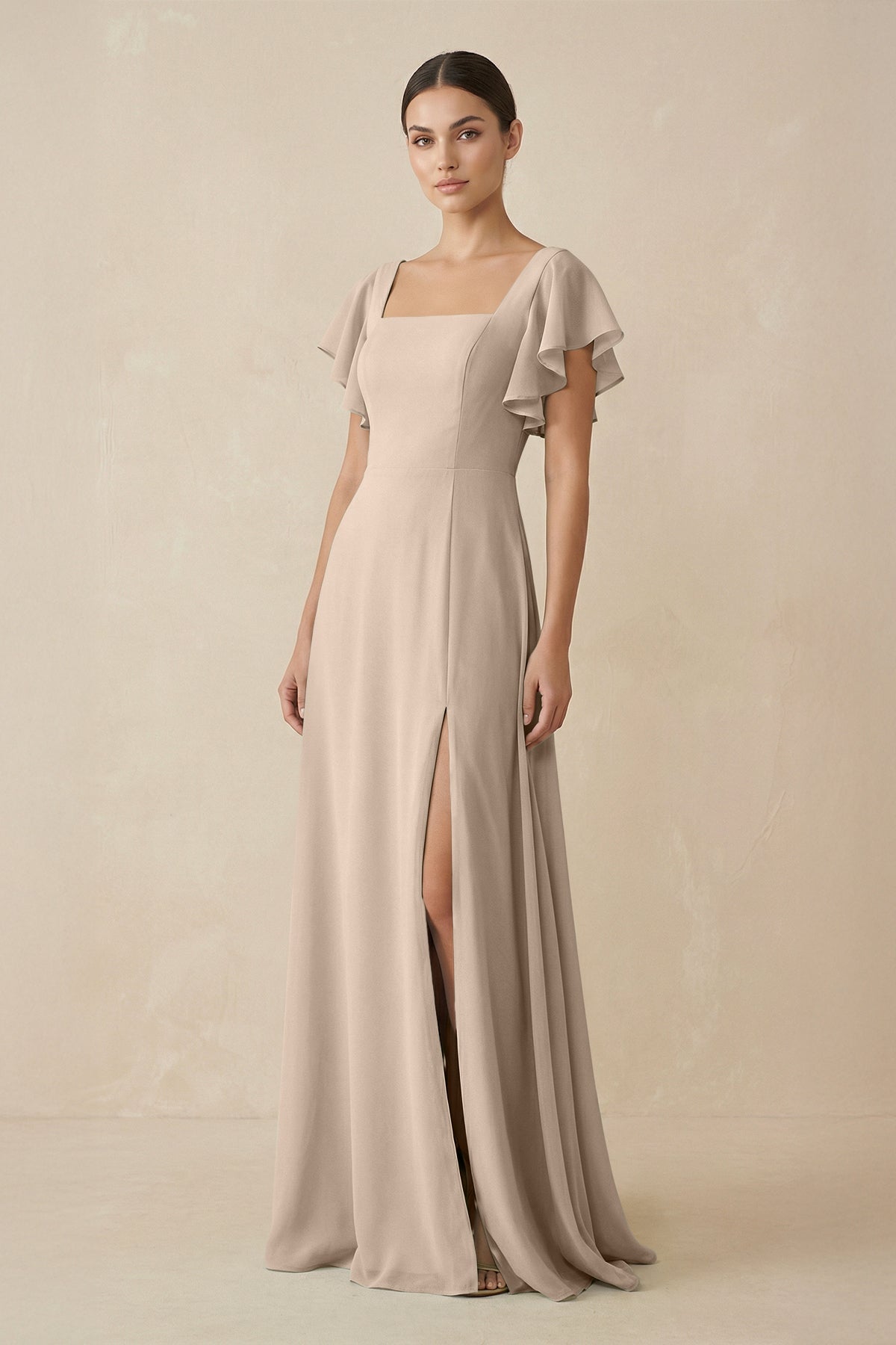 Chiffon A-Line Long Bridesmaid Dress with Flutter Sleeves in Almond, Almond / 22