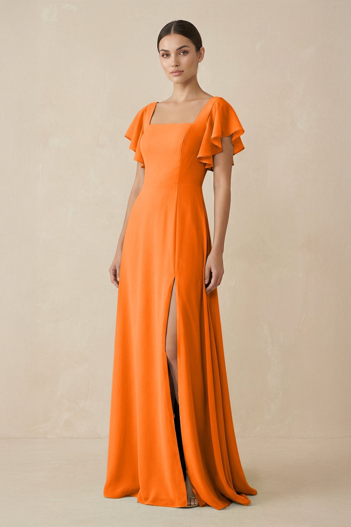 Chiffon A-Line Long Bridesmaid Dress with Flutter Sleeves in Cinnamon, Cinnamon / 8