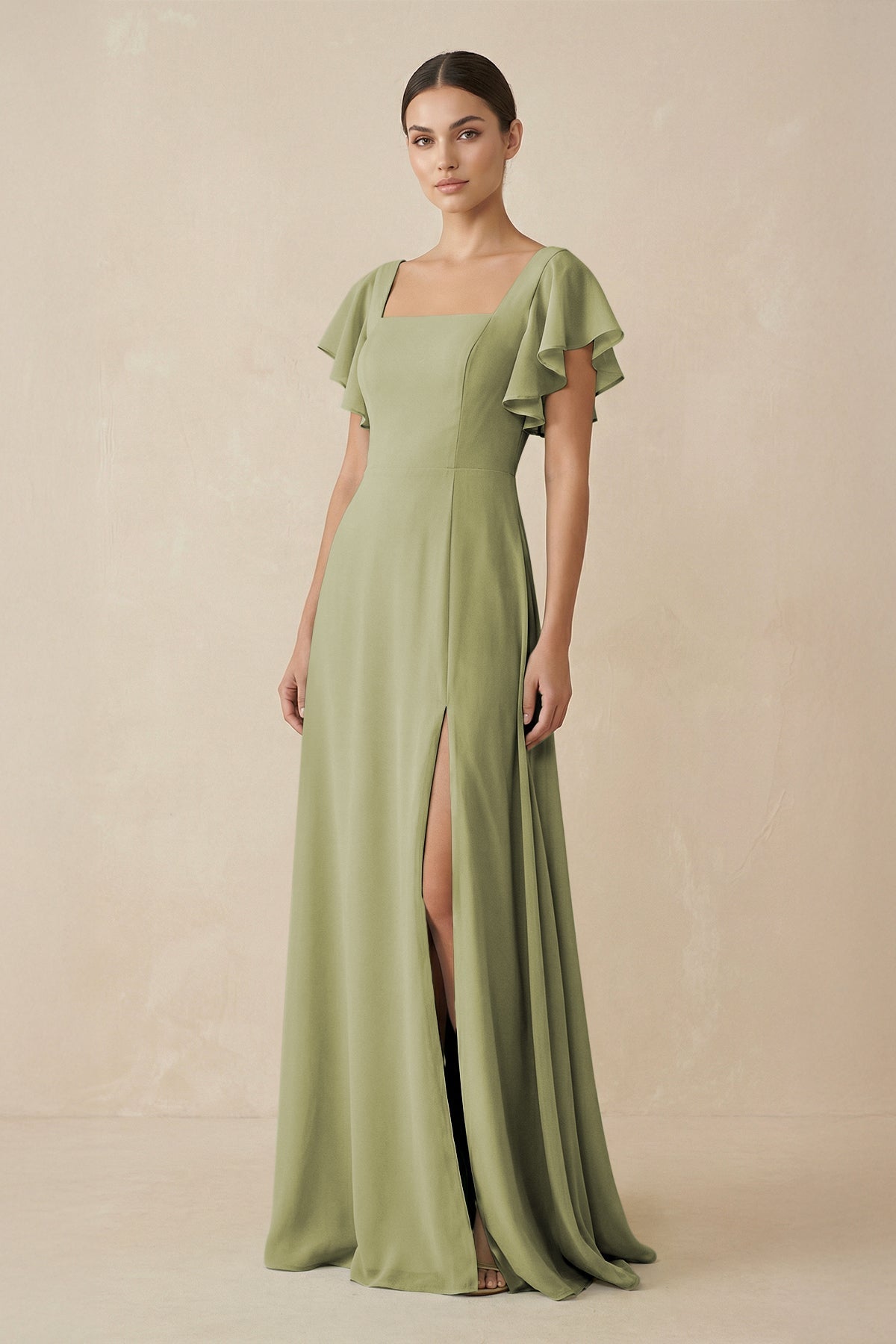 Chiffon A-Line Long Bridesmaid Dress with Flutter Sleeves in Moss Green, Moss Green / 28 Chiffon A-Line Long Bridesmaid Dress with Flutter Sleeves in Moss Green, Moss Green / 28