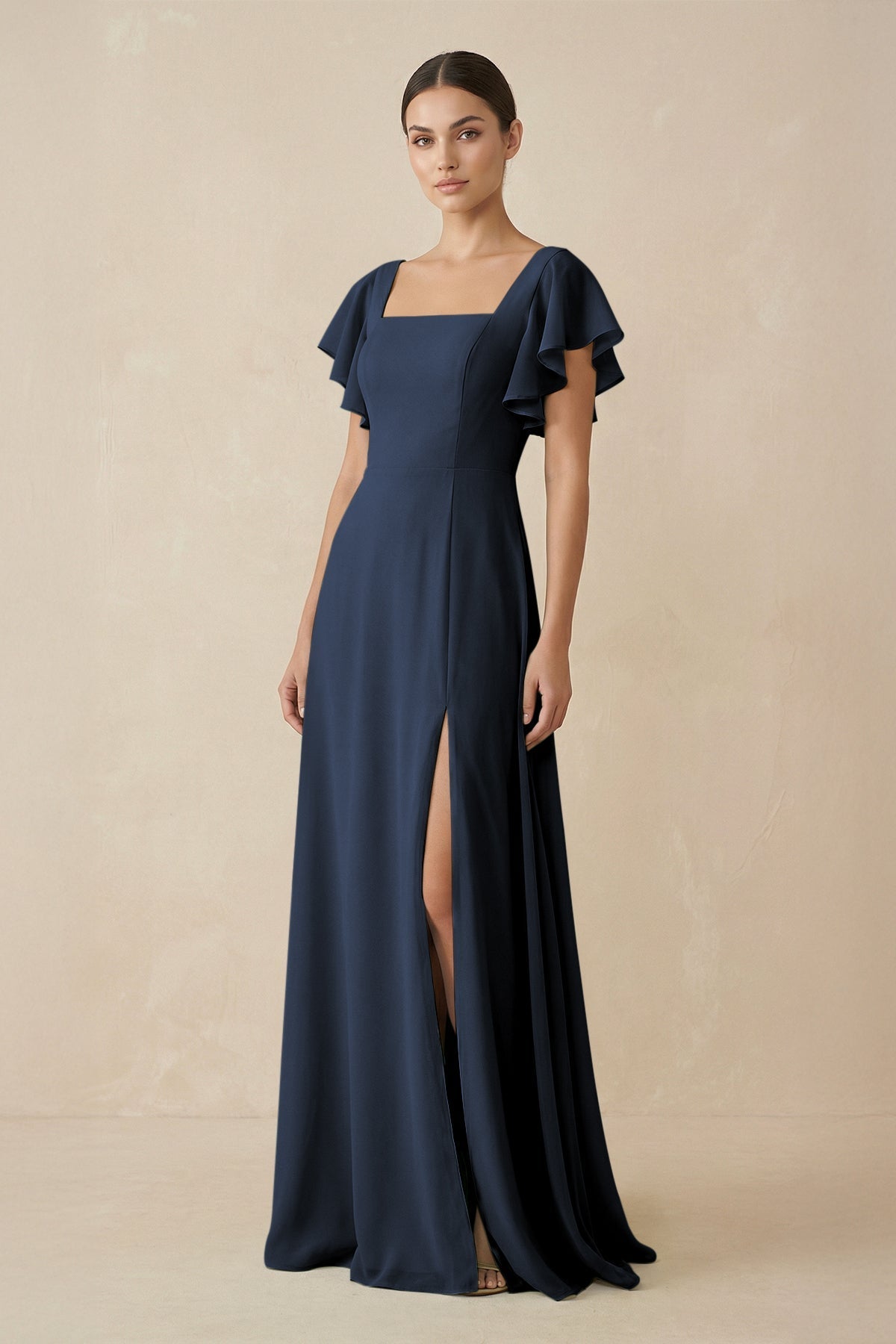 Chiffon A-Line Long Bridesmaid Dress with Flutter Sleeves in Dark Navy, Dark Navy / 24
