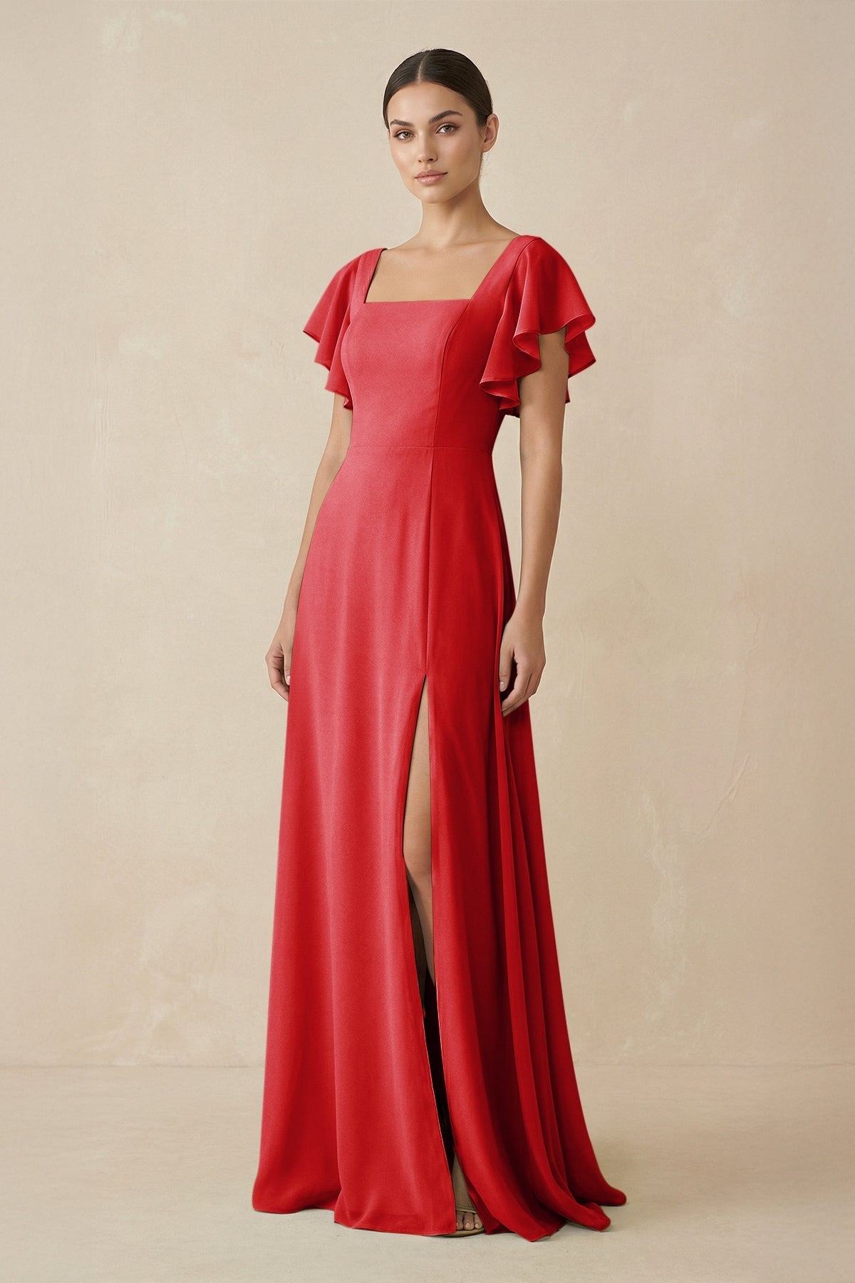 KissProm Chiffon A-Line Long Bridesmaid Dress with Flutter Sleeves in Ruby Red, Ruby Red / 24