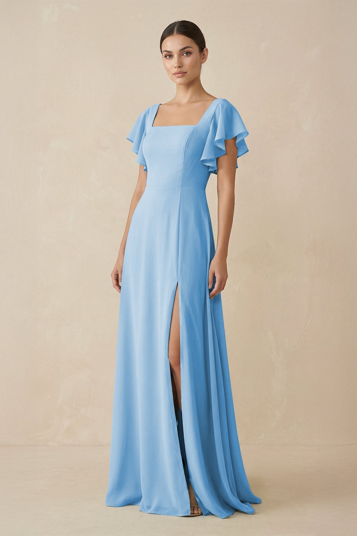 blue silk chiffon dress Chiffon A-Line Long Bridesmaid Dress with Flutter Sleeves in Steel Blue, Steel Blue / 12