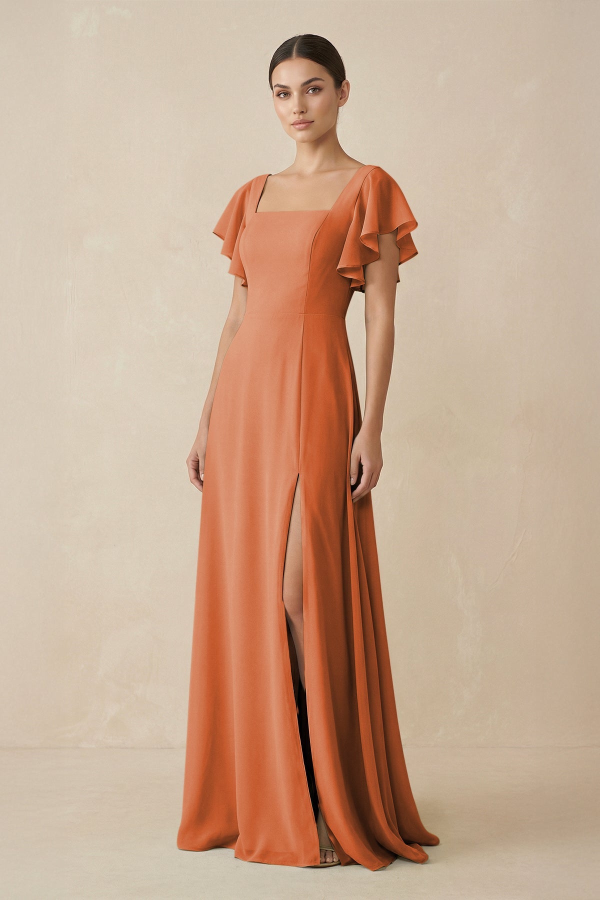 KissProm Chiffon A-Line Long Bridesmaid Dress with Flutter Sleeves in Terracotta, Terracotta / Custom Size( Free )