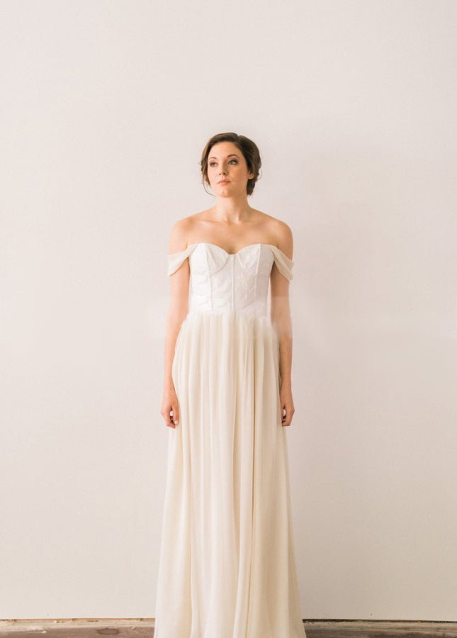 Chiffon A-line Off-the-Shoulder Backless Beach Wedding Dress with Lace Bodice