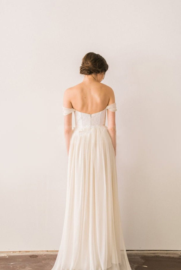 Chiffon A-line Off-the-Shoulder Backless Beach Wedding Dress with Lace Bodice