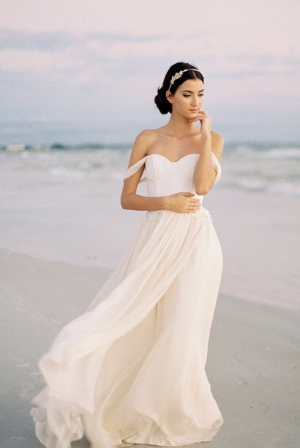 Chiffon A-line Off-the-Shoulder Backless Beach Wedding Dress with Lace Bodice