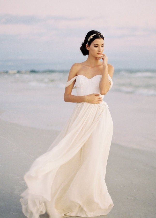 Chiffon A-line Off-the-Shoulder Backless Beach Wedding Dress with Lace Bodice