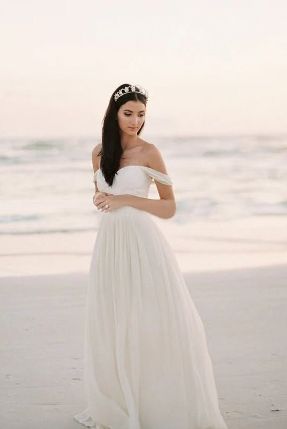 Chiffon A-line Off-the-Shoulder Backless Beach Wedding Dress with Lace Bodice