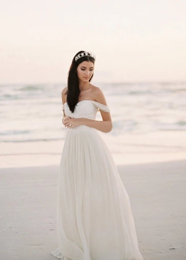 Chiffon A-line Off-the-Shoulder Backless Beach Wedding Dress with Lace Bodice