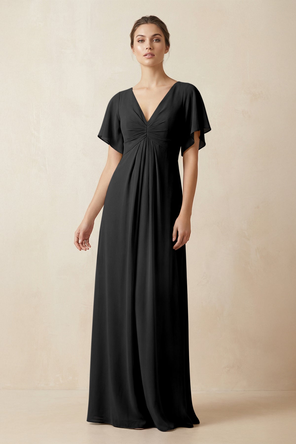 KissProm | V-Neck Short Sleeve A-Line Chiffon Bridesmaid Dress in Black KissProm | V-Neck Short Sleeve A-Line Chiffon Bridesmaid Dress in Black