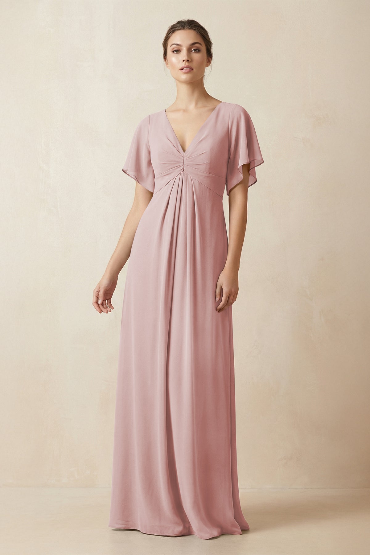 Short Sleeve V-Neck Chiffon A-Line Bridesmaid Dress in Dusty Rose, Dusty Rose / 24