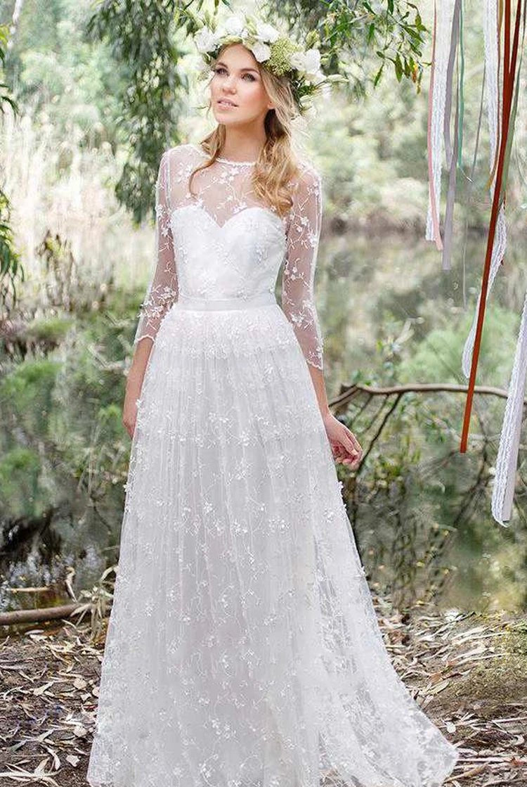 3/4 Length Sleeve A-Line Lace Appliques Low-V Back Wedding Dress