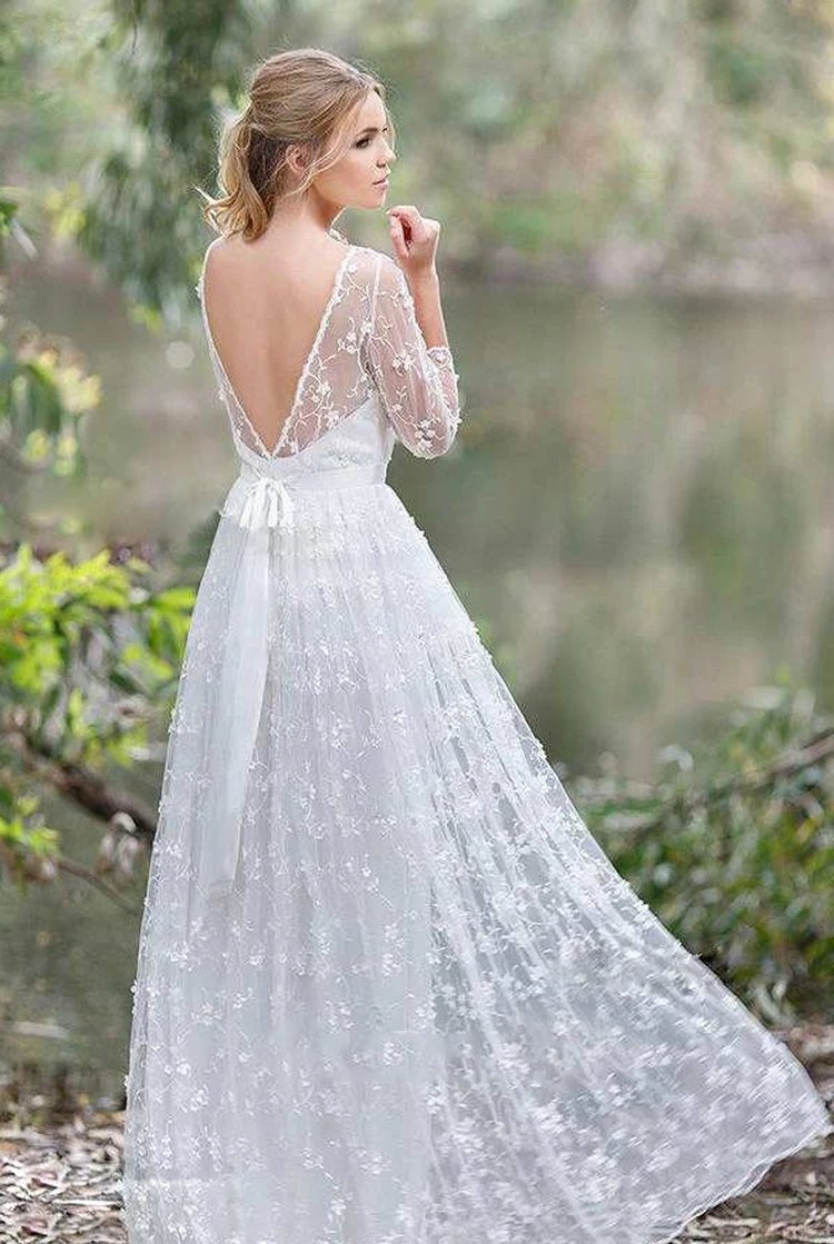 3/4 Length Sleeve A-Line Lace Appliques Low-V Back Wedding Dress