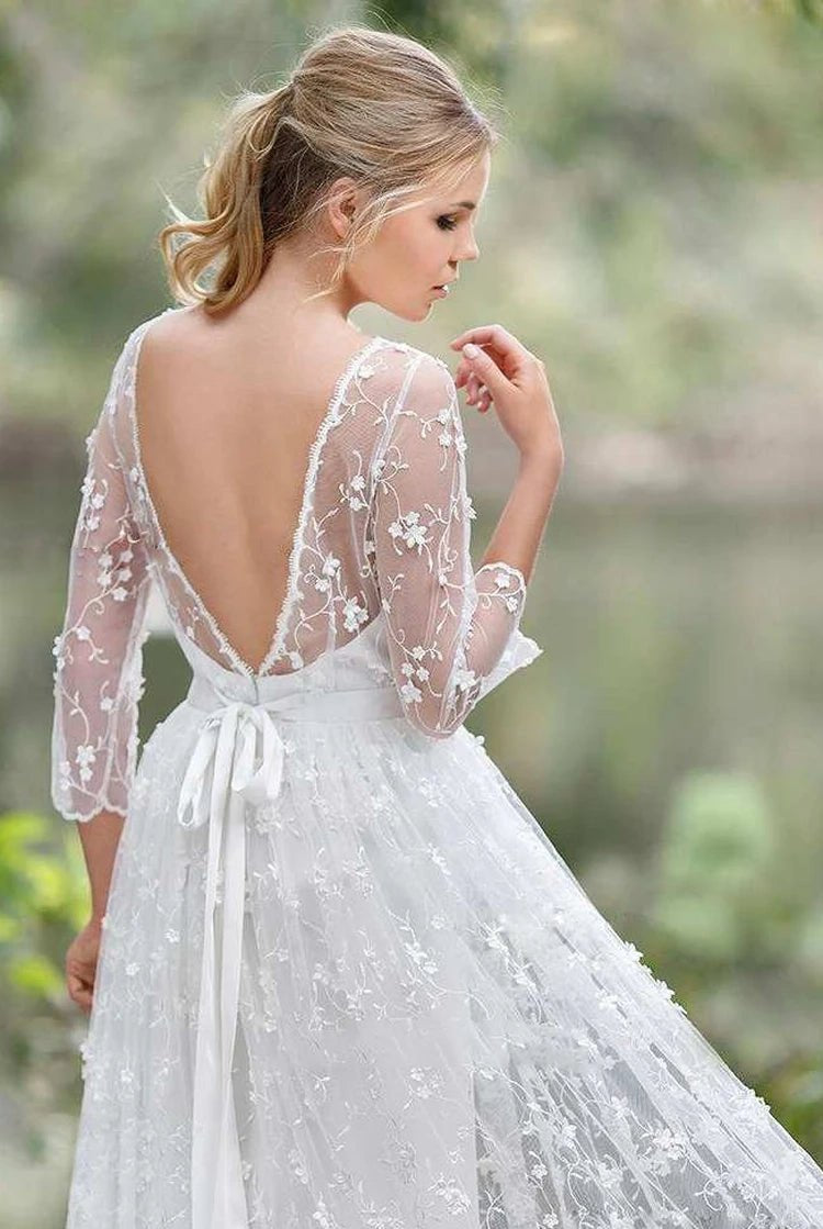 3/4 Length Sleeve A-Line Lace Appliques Low-V Back Wedding Dress
