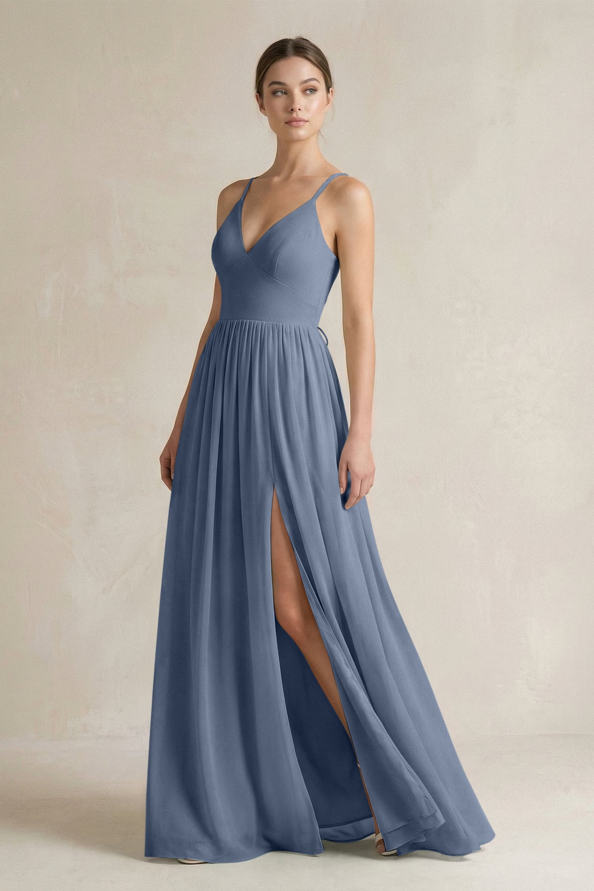 KissProm A-Line Spaghetti Strap Chiffon Bridesmaid Dress in Neptune, Neptune / 6
