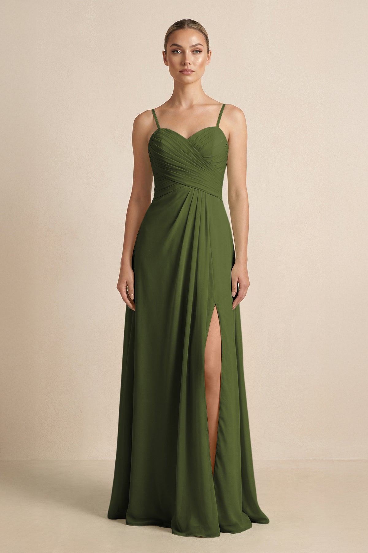 v neck mikado bridesmaid dress with side pleats KissProm V-Neck A-Line Chiffon Pleated in Olive, Olive / 6 Discover the Stylish Ellis
