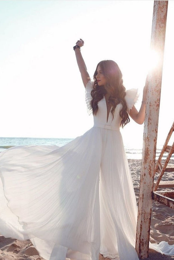 Chiffon A-Line V-Neck Short Sleeves Summer Bridal Dresses