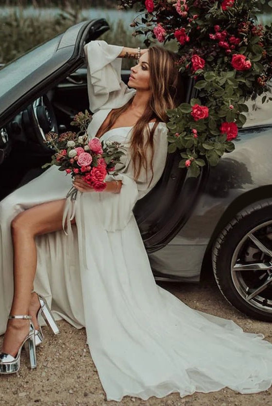 Chiffon A-Line High Slit Beach Long-Sleeve V-Neck Romantic Wedding Dresses