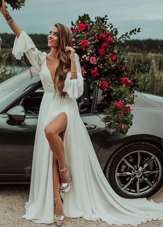 Chiffon A-Line High Slit Beach Long-Sleeve V-Neck Romantic Wedding