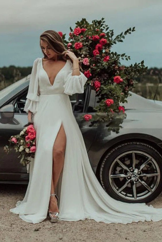 Chiffon A-Line High Slit Beach Long-Sleeve V-Neck Romantic Wedding Dresses