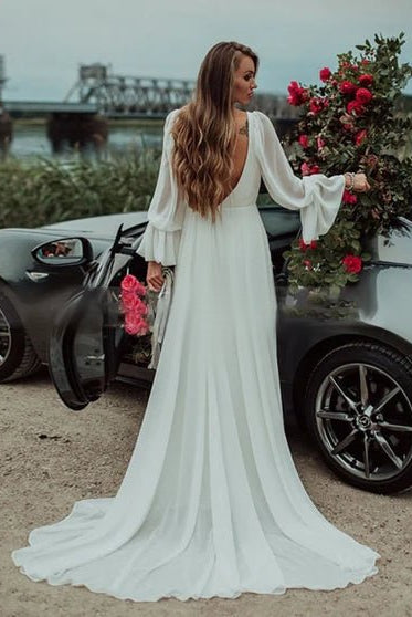 Chiffon A-Line High Slit Beach Long-Sleeve V-Neck Romantic Wedding Dresses